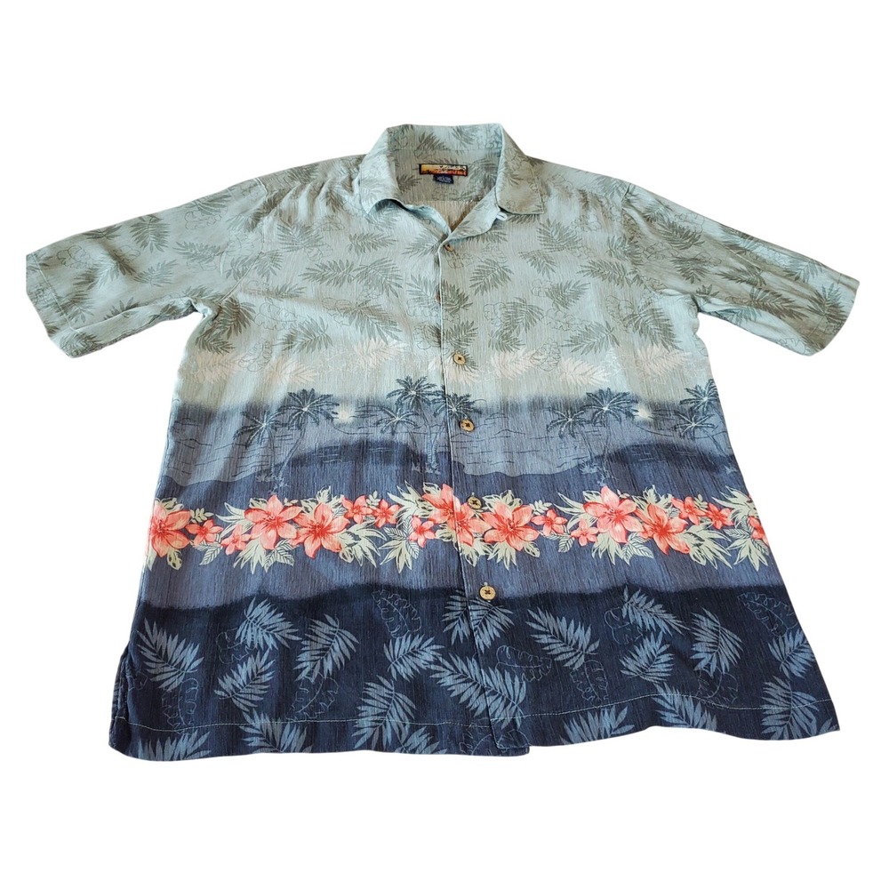 Havana Jacks Cafe Mens Large 100% Silk Hawaiian Shirt Ombre Floral Palm Green